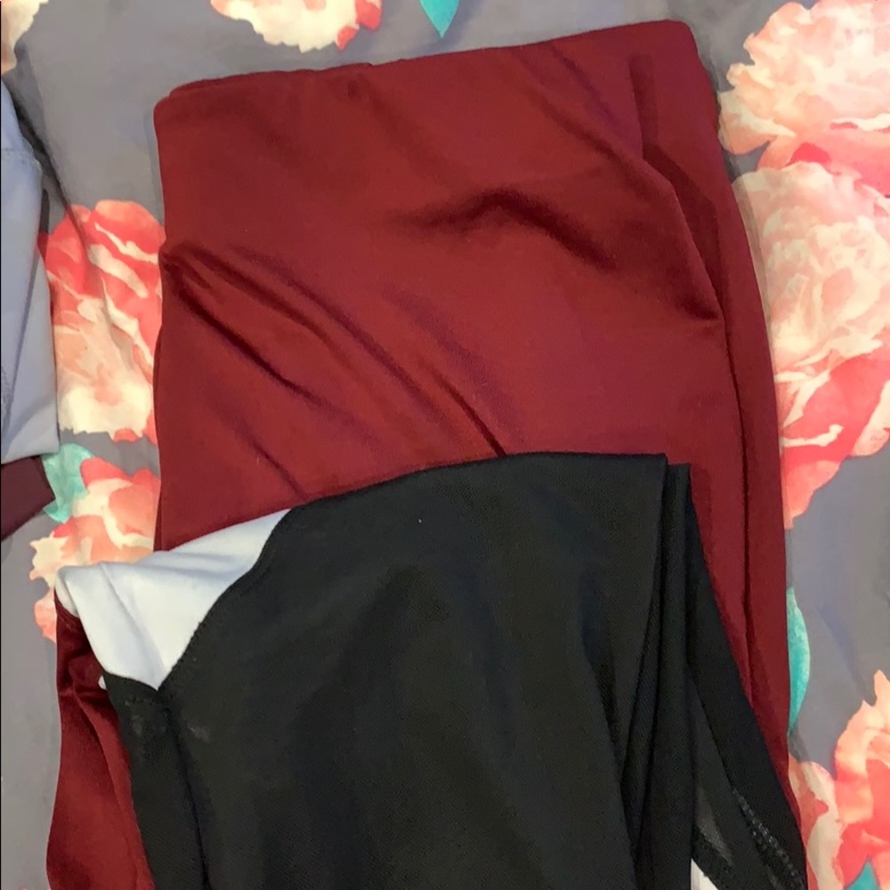 Maroon and black mesh leggings